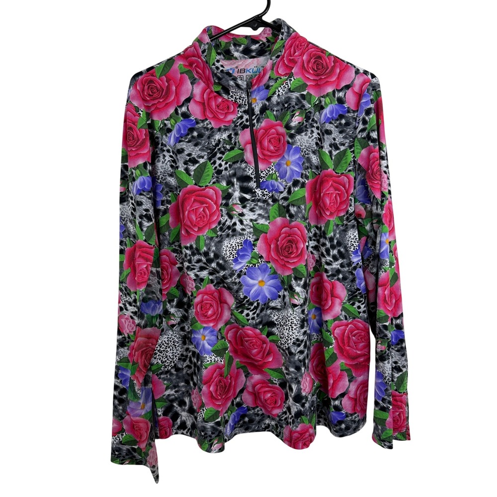 IBKUL Shirt Womens 2XL Multicolor Floral Leopard Print Quarter Zip Sun Protect